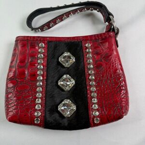 Raviani Red Croc Leather Pony Hair Crystal Studded Shoulder Bag Western Boho